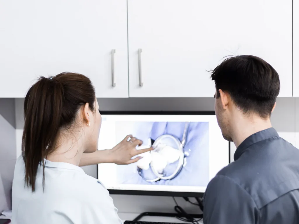 Two dental professionals discussing a digital case on a computer screen